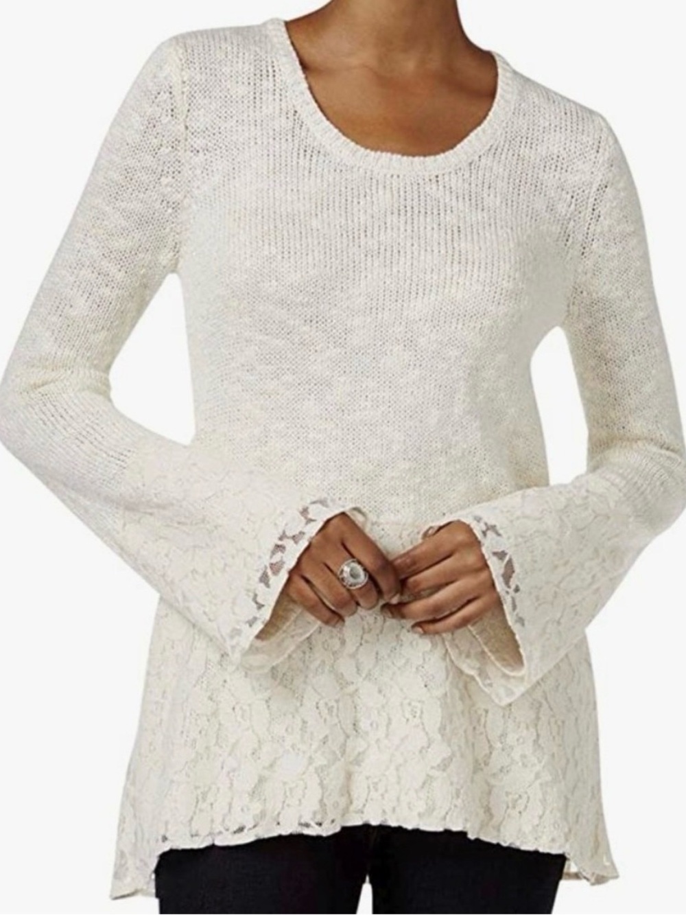 Style & Co. Womens Petites Metallic Lace Trim Pullover Sweater Ivory